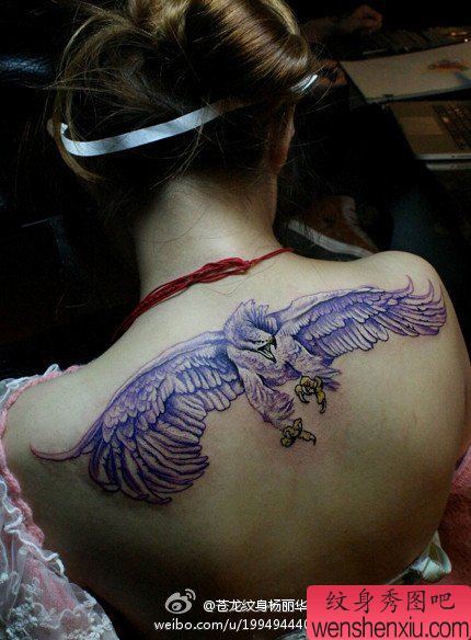 女生背部超酷的彩色老鹰纹身图案