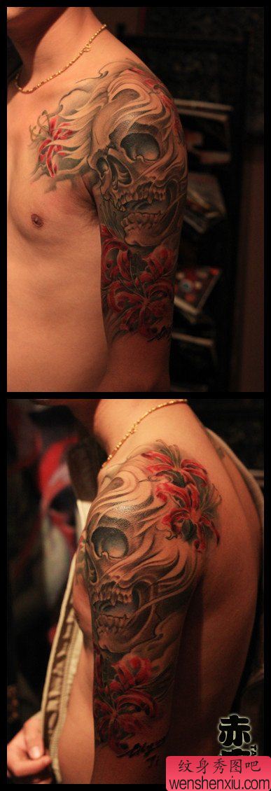 男生手臂经典的骷髅与彼岸花纹身图案