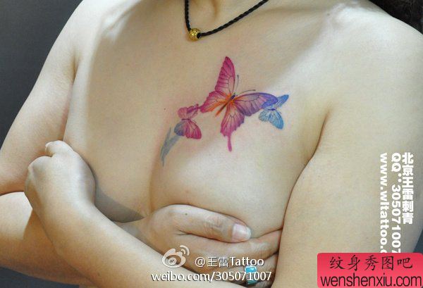 美女胸部漂亮的蝴蝶纹身图案