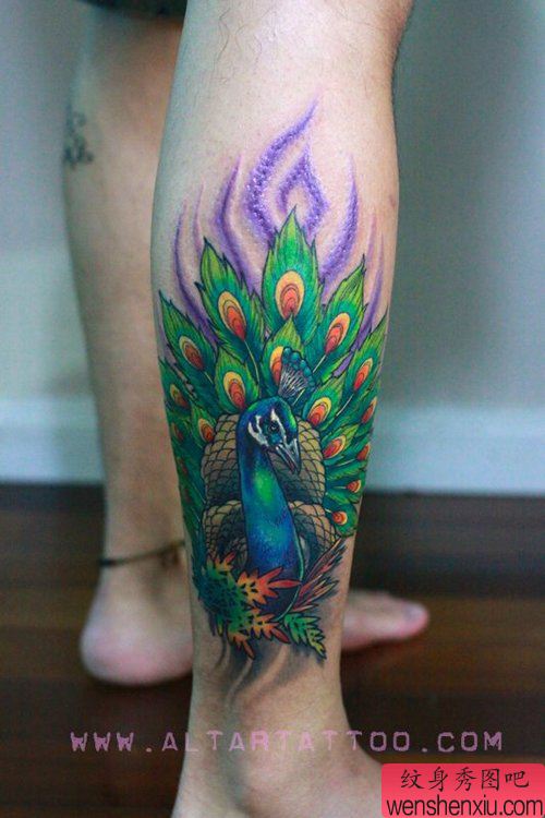 腿部漂亮的彩色孔雀纹身图案