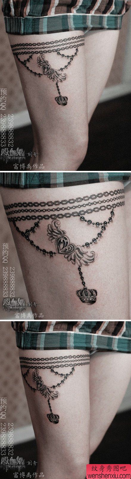 美女腿部精美的链条吊链纹身图案