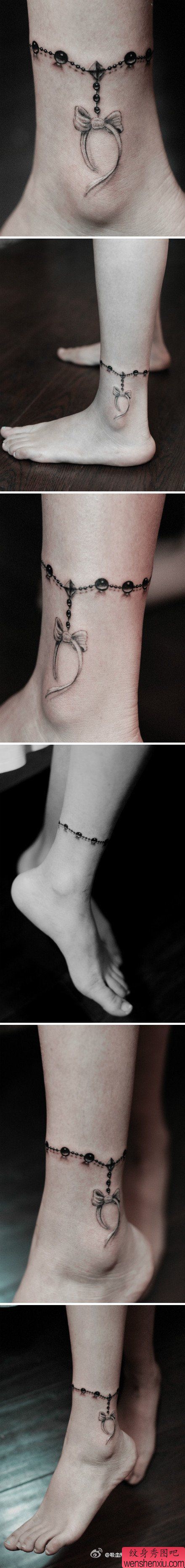 女孩子腿部精美流行的脚链纹身图案