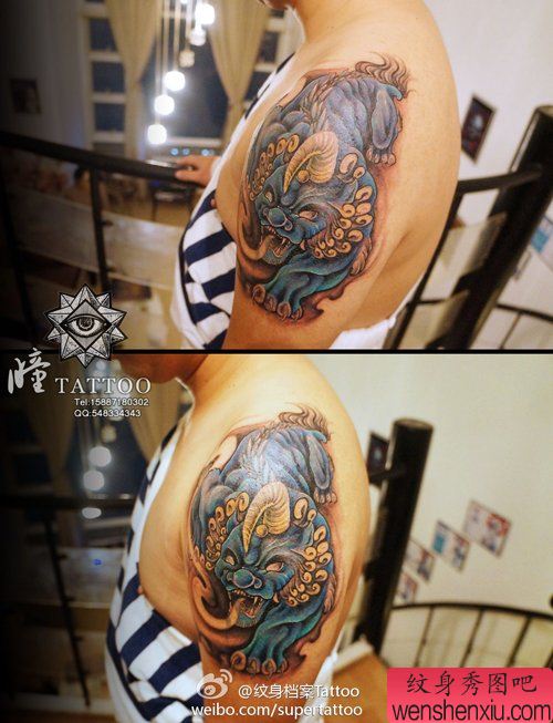 手臂一幅中国年兽纹身图案