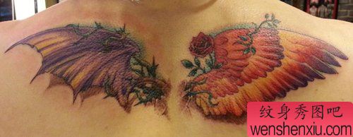 好看的彩色恶魔与天使的翅膀纹身图案