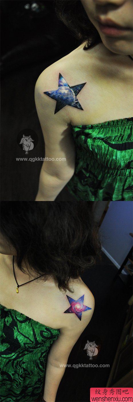 女生肩膀处彩色星空五角星纹身图案