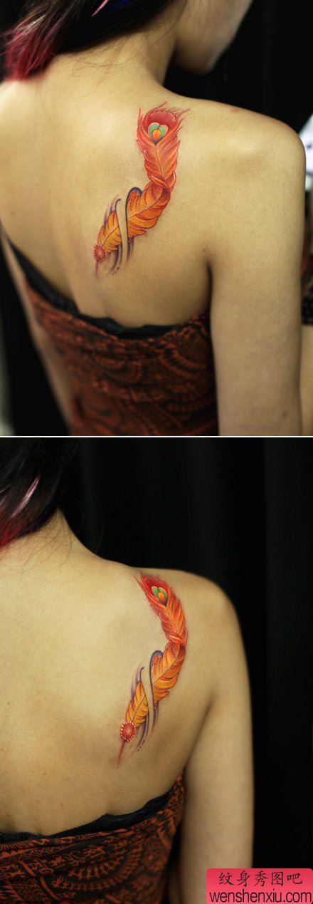 女孩子肩背好看艳丽的彩色羽毛纹身图案