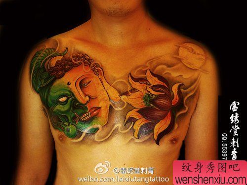 男生前胸超酷的佛头与莲花纹身图案