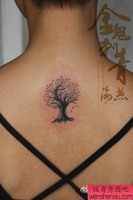 女生背部一幅黑灰小树纹身图案