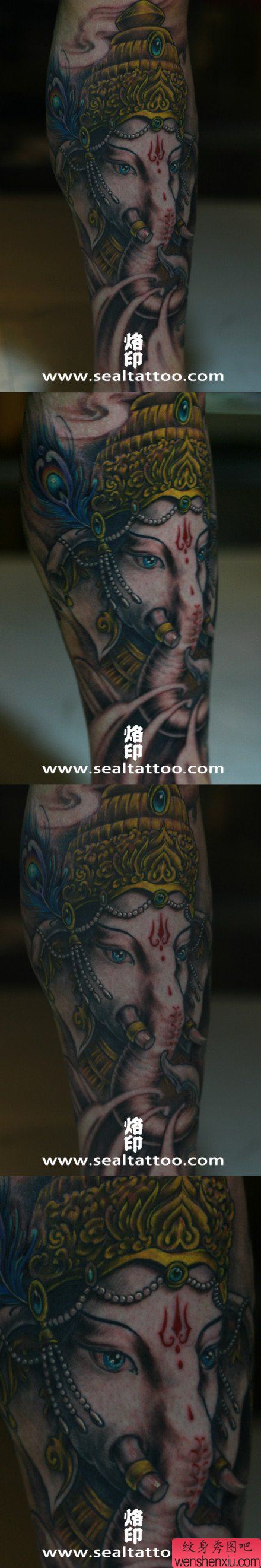 男性腿部经典的象神纹身图案