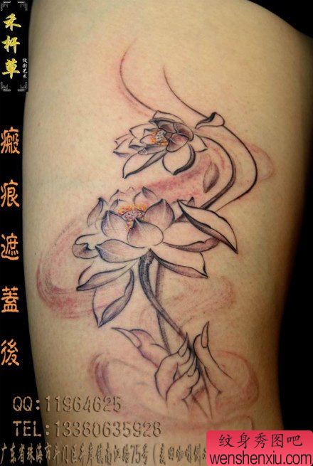 女生腿部唯美好看的佛手莲花纹身图案