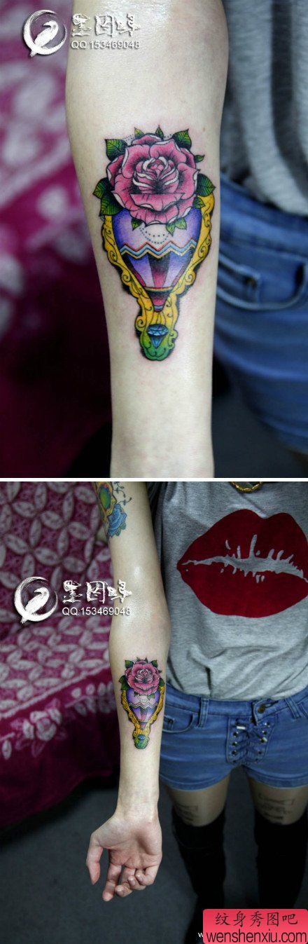 女生手臂玫瑰花钻石热气球纹身图案