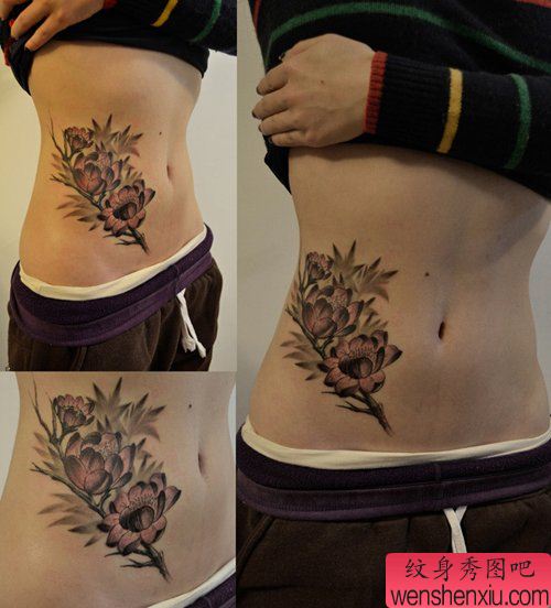 美女腹部唯美的莲花纹身图案