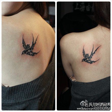女生背部简单好看的图腾燕子纹身图案