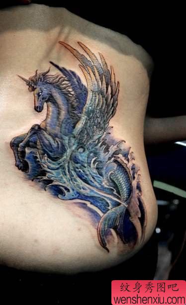一幅超酷的马头鱼尾兽纹身图案