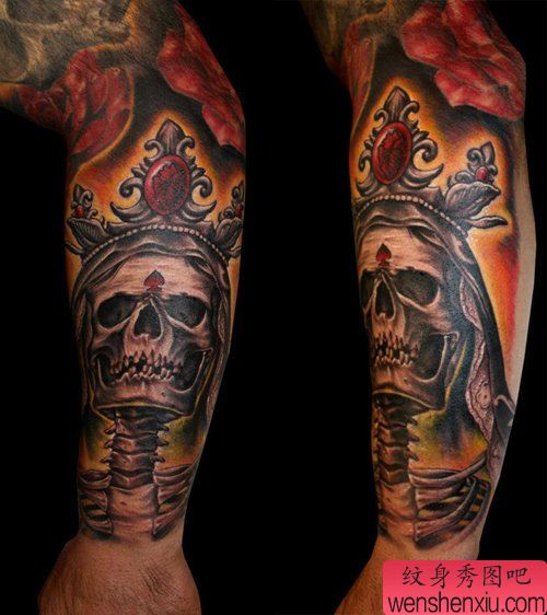 手臂经典帅气的骷髅纹身图案