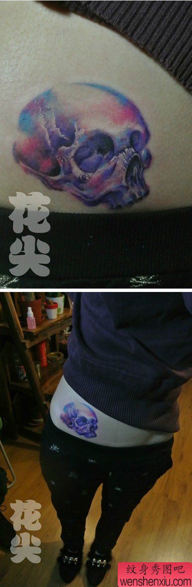 女生腹部好看的彩色骷髅纹身图案