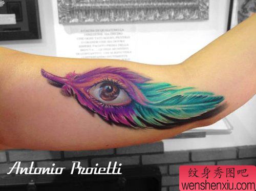 手臂漂亮的彩色羽毛与眼睛纹身图案