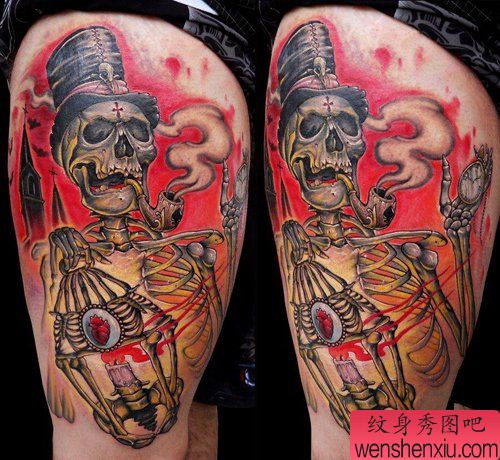 腿部超酷的提灯的骷髅纹身图案