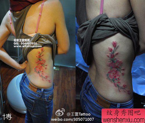 女性腰部好看的彩色花卉纹身图案