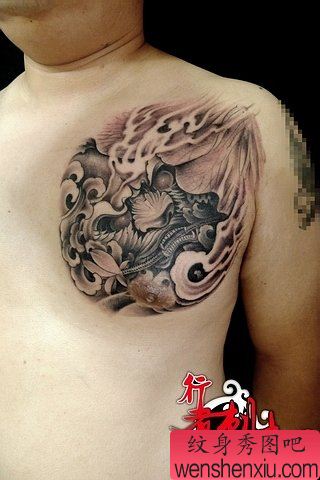 男性胸前超酷的唐狮子纹身图案