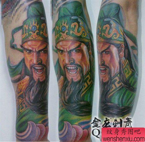 男性手臂超酷的彩色关公纹身图案