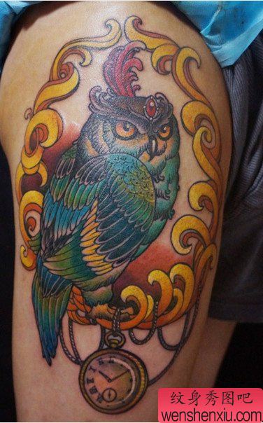 男性腿部经典好看的猫头鹰纹身图案