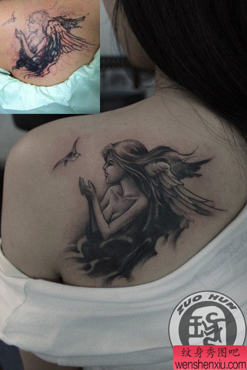 女生肩背好看的天使翅膀纹身图案