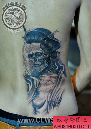 男性腰部超酷的黑灰骷髅纹身图案