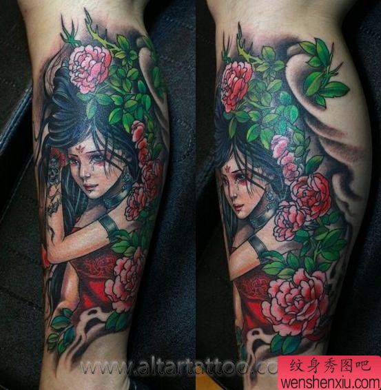 男性腿部漂亮的插画美女纹身图案