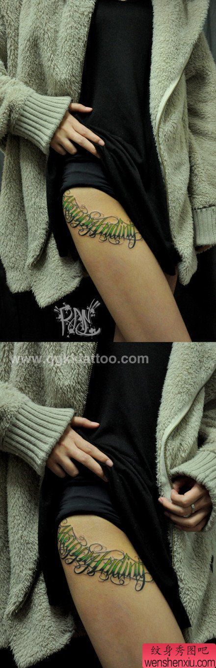 美女腿部流行精美的花体字母纹身图案