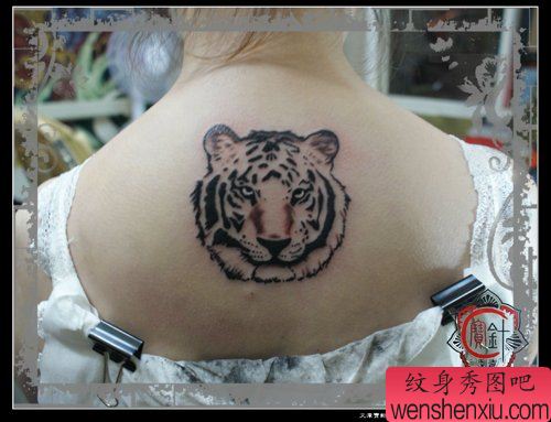 女生背部经典的抽象的虎头纹身图案