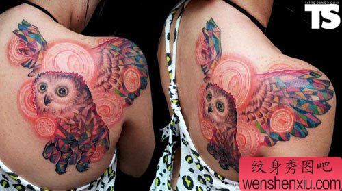 女生背部流行漂亮的彩色猫头鹰纹身图案