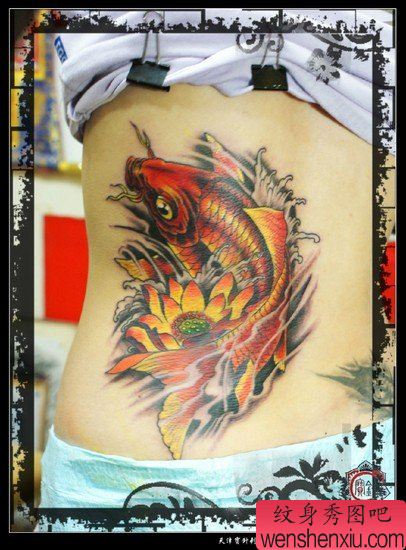 美女腰部唯美漂亮的彩色鲤鱼纹身图案