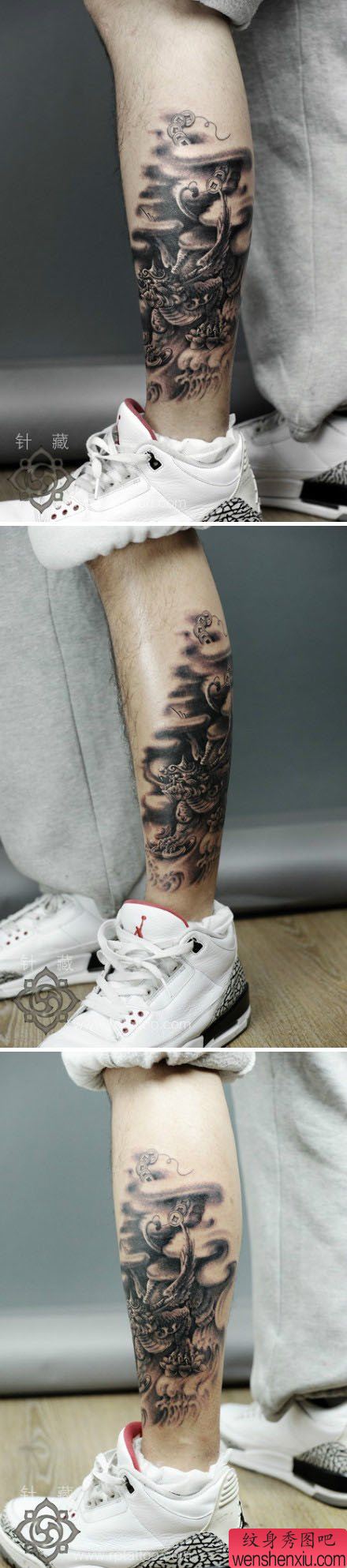 男性腿部招财神兽貔貅纹身图案