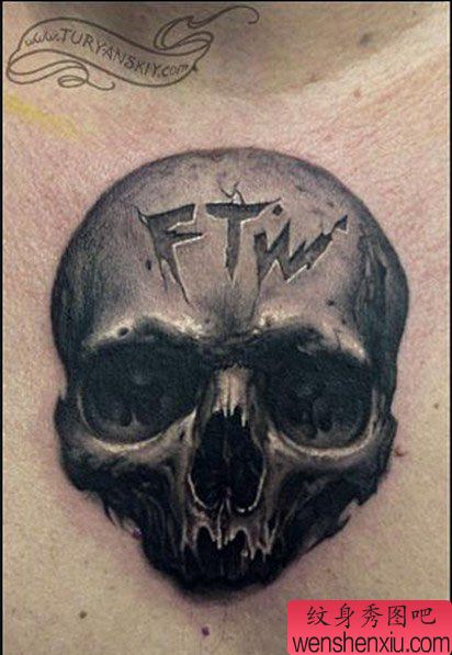 一幅经典的黑白写实的骷髅纹身图案
