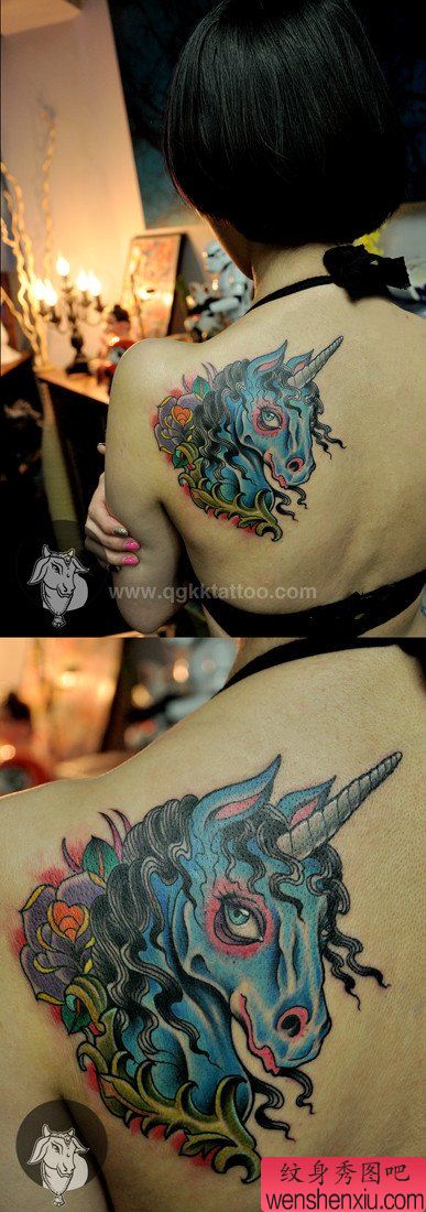流行好看的女生肩背独角兽纹身图案