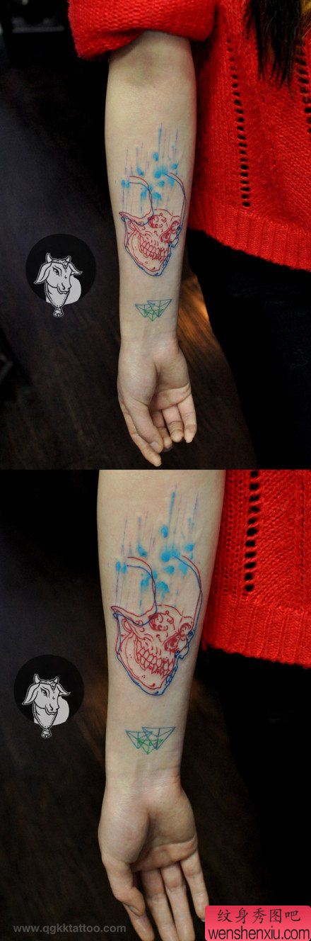 女生手臂时尚好看的线条骷髅纹身图案