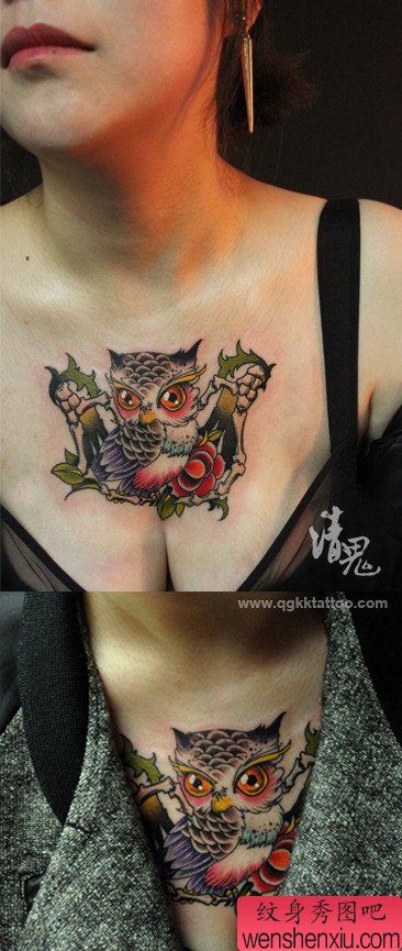 女生前胸流行可爱的猫头鹰纹身图案