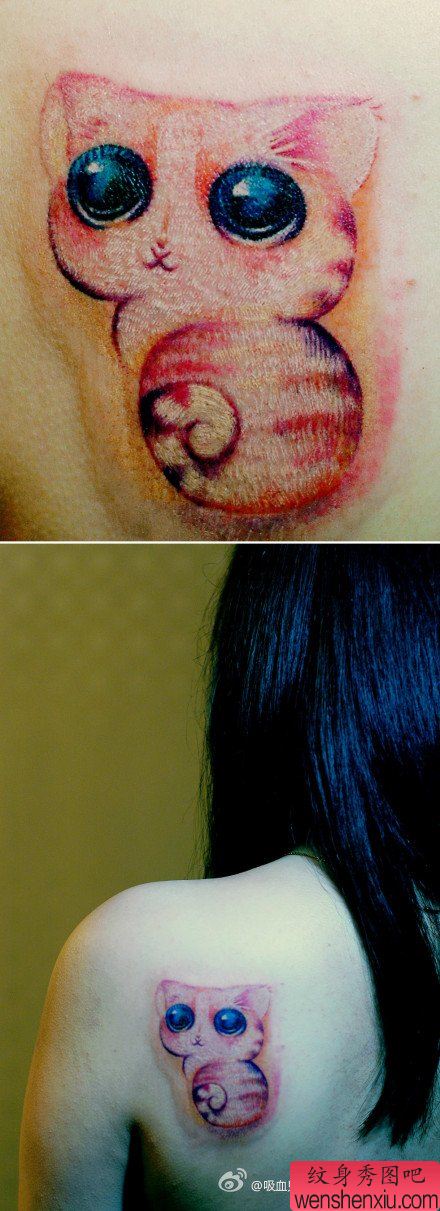 女生肩背时尚可爱的小猫咪纹身图案
