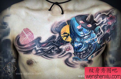 男生前胸超帅时尚的般若纹身图案