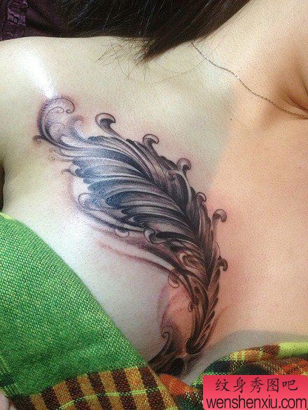 美女胸部精美流行的羽毛纹身图案