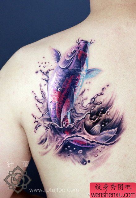 男性肩背流行精美写实的彩色鲤鱼纹身图案