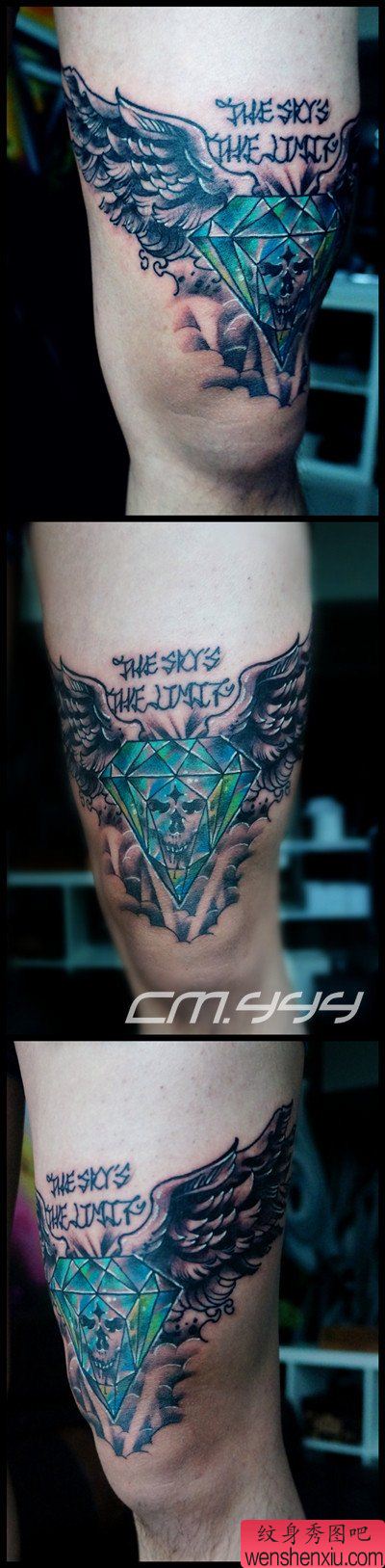 男性腿部流行经典的组钻石与翅膀纹身图案
