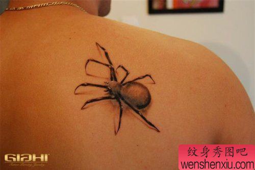 男性背部经典流行的蜘蛛纹身图案
