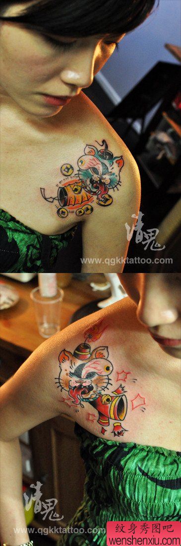 女生肩膀处可爱流行的猫咪纹身图案