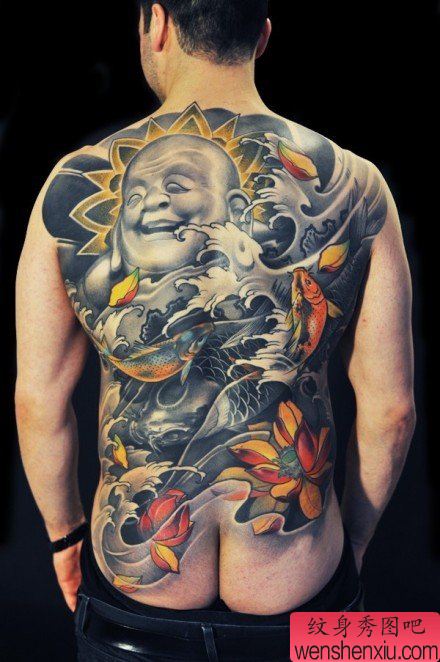 经典帅气的满背弥勒佛纹身图案
