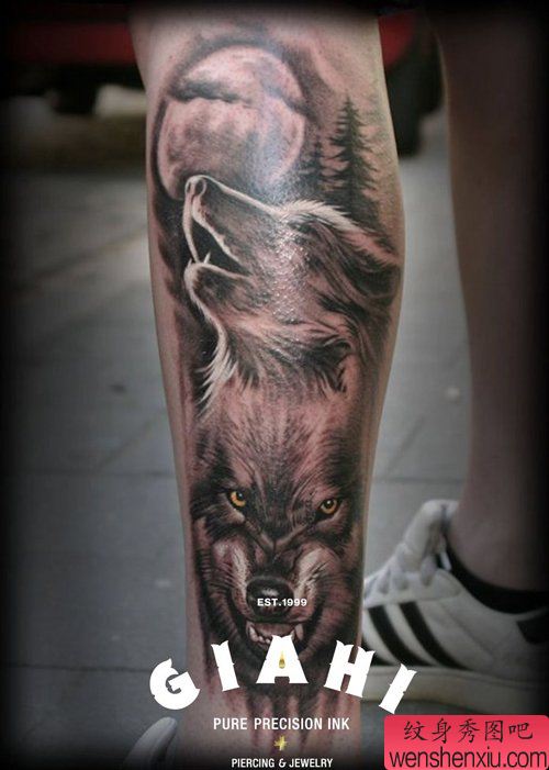男性腿部超酷的狼头纹身图案