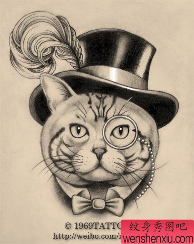 一幅流行唯美的猫咪纹身手稿