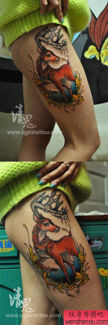 美女腿部流行经典的小鹿纹身图案