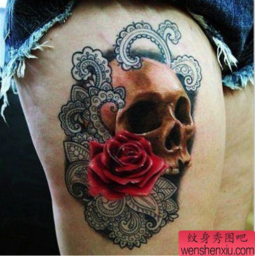 女生腿部精美流行的骷髅纹身图案